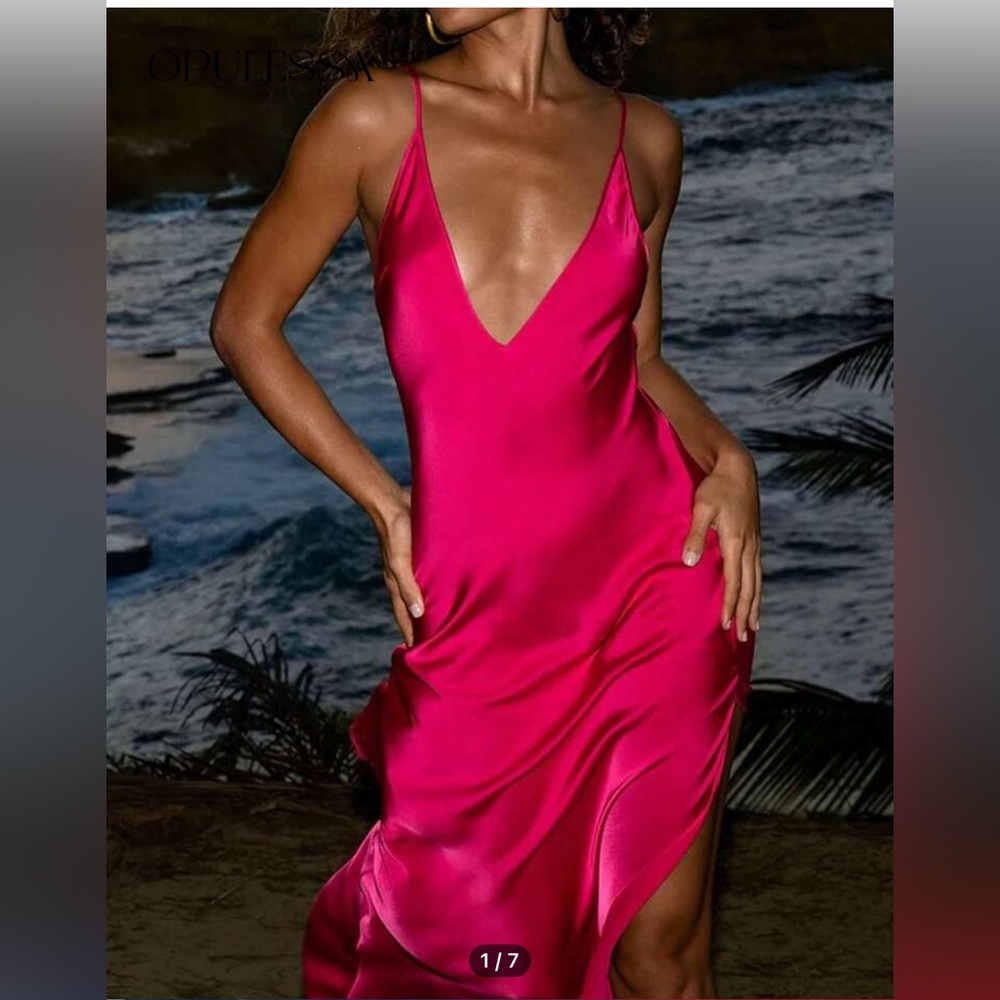 NWOT Opulessa Women HOT PINK Color Spaghetti Strap Simple Fitting Long Dress - Picture 11 of 17